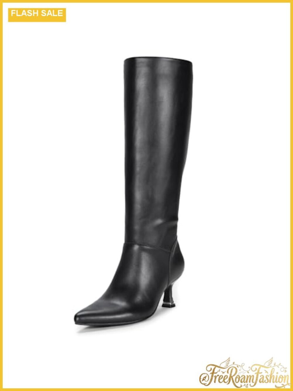 Faux Leather Pointed Toe Kitten Heel Knee High Dress Boots Zip